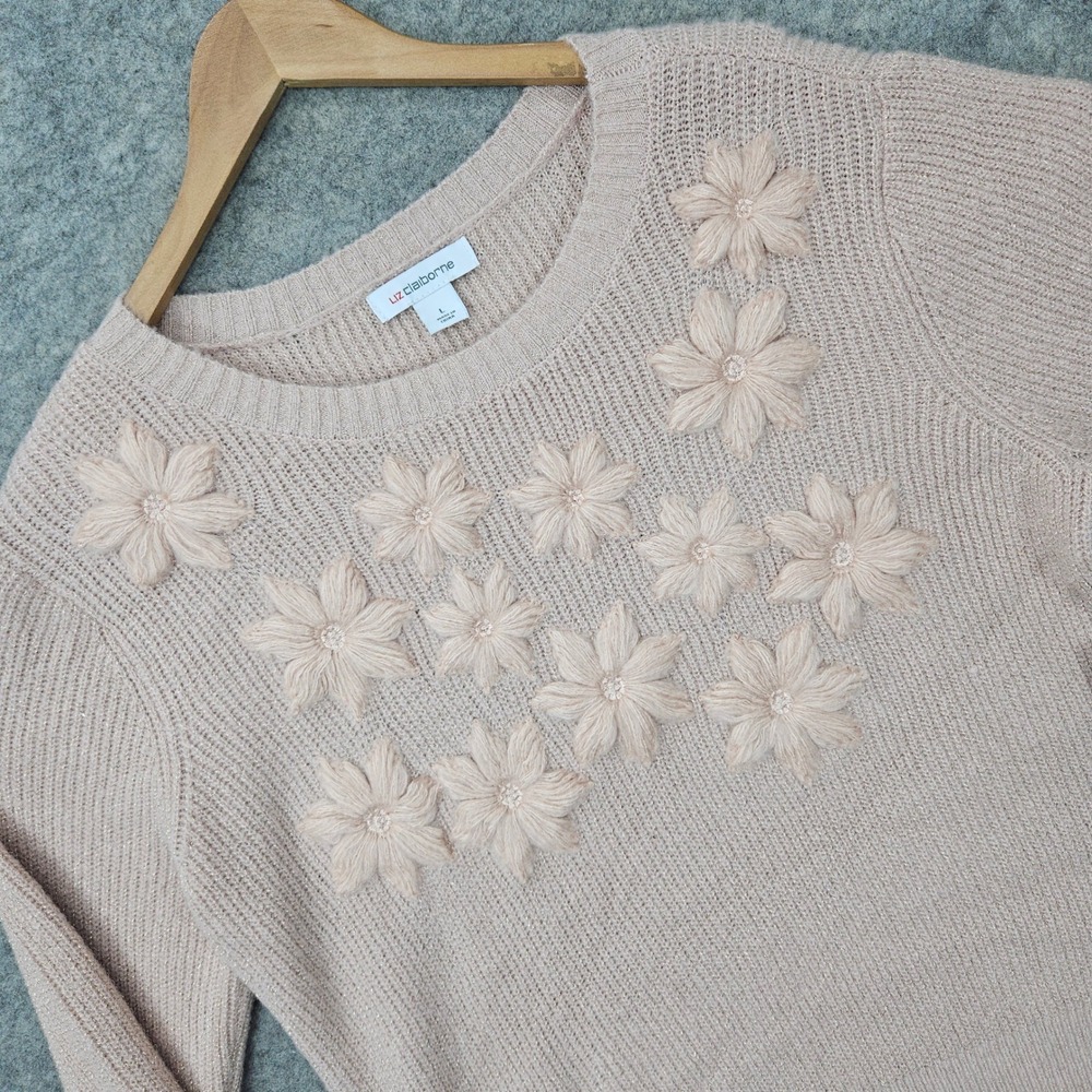 NEW Liz Claiborne Sweater Womens Large Rose Quartz Pink Floral Metallic Knit NWT